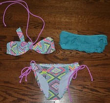 3PC AMERICAN EAGLE BANDEAU BIKINI SWIM SUIT TOP XS BOTTOMS XS ARIZONA S RUFFLE