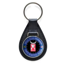 Cold War Veteran 416th Engineer Brigade Black Leather Keychain Silver Keyring