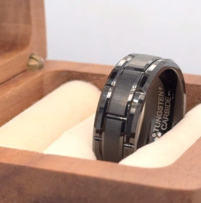 Wife Gift Ring Brick Pattern Modern Style Band Black Tungsten 8mm Promise Ring