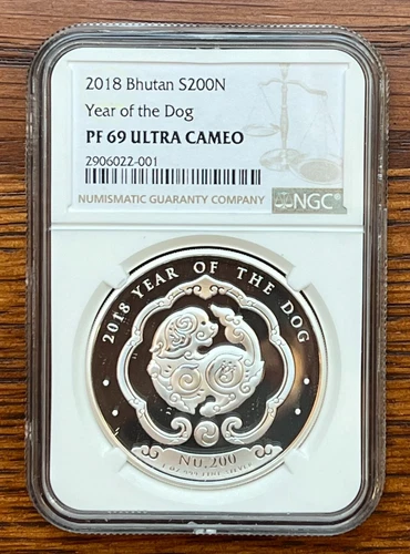 2018 Bhutan Year of the Dog 1 oz Silver 200 NU Coin NGC PF69 Ultra Cameo Proof