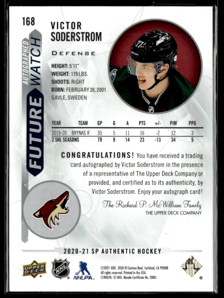 2020-21 SP Authentic Victor Soderstrom Rookie 929/999 #168 - Image 2 of 2
