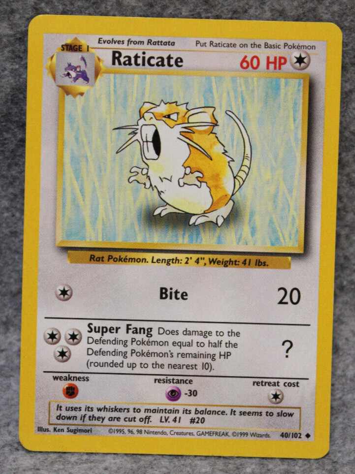 Pokemon TCG Raticate Base Set 40/102 Unlimited Uncommon Card LP