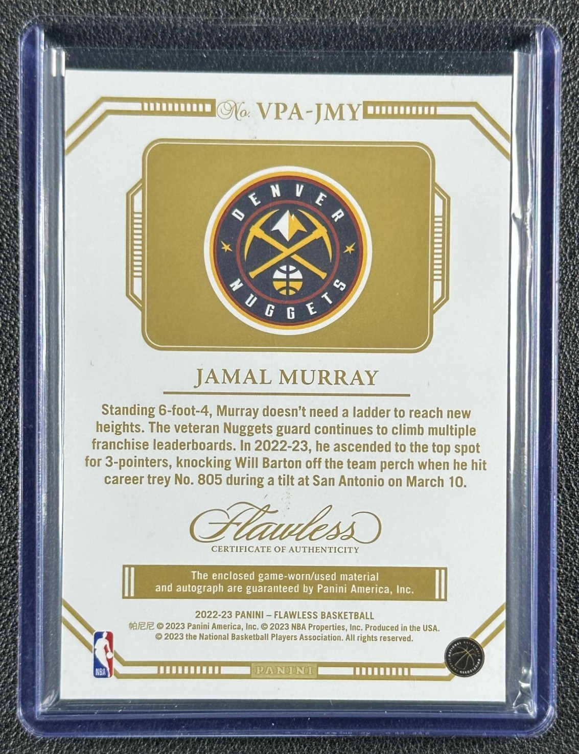 JAMAL MURRAY 2022-23 PANINI FLAWLESS VERTICAL GAME-USED PATCH AUTO RUBY 03/15 view 2