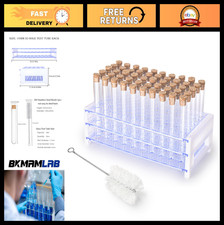 50pcs Clear Glass Test Tubes 10ml with Cork Stoppers 50-Hole Rack for Labs, Pl