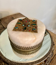 Exquisite Pale Pink Alabaster Bejeweled Ormolu Dresser or Jewelry Box Austrian?