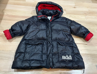 ADD girls down puffer winter coat black w/ red interior white logo size 8