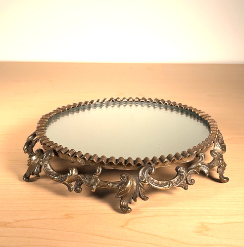 Ant. ART NOUVEAU  Mirrored Plateau Tray BRASS Vanity Footed Display-8-1/4” DIA
