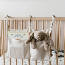 Linen Baby Bedside Hanging Storage Bag 2 Pockets Organizer for Cribs and Toys