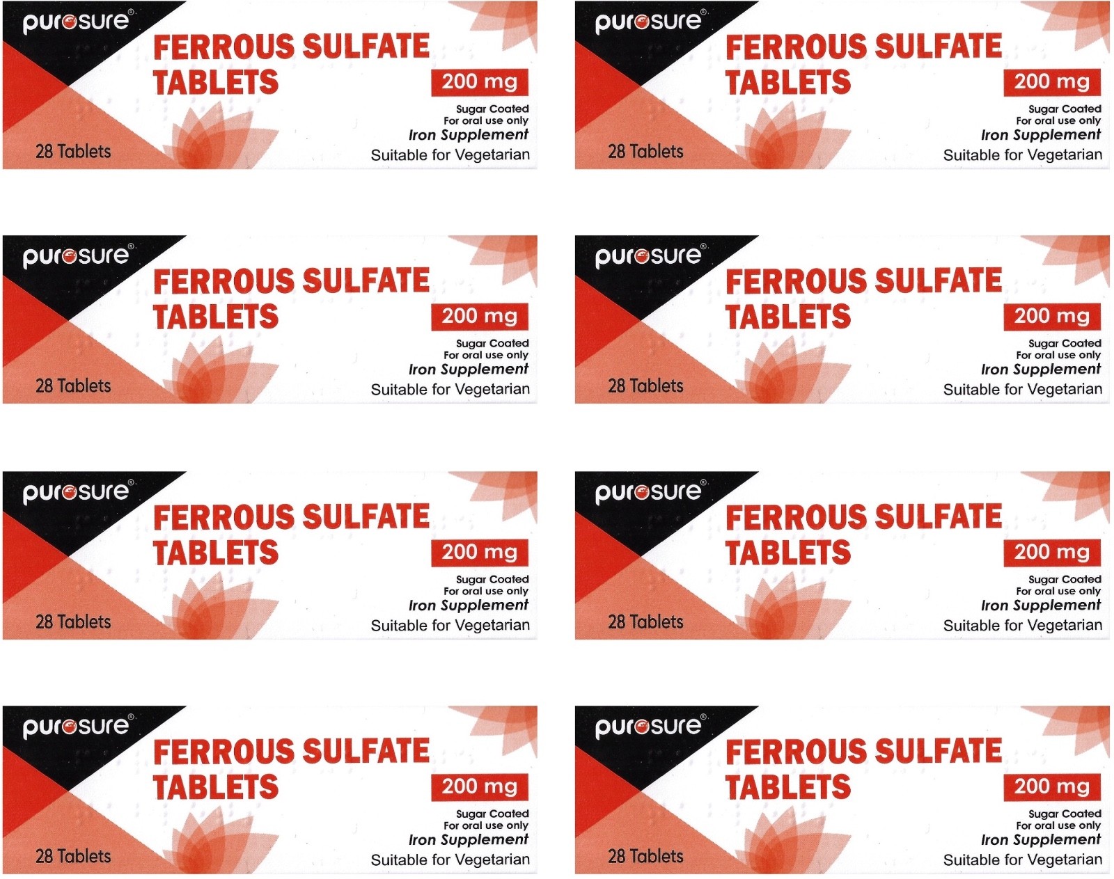 8 x FERROUS SULPHATE 200mg Iron Tablets (28) - PUROSURE  **only £3.24/unit**  NP