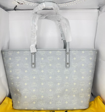 MCM Aren Visetos Monogram Medium Zip Tote Bag Misty Gray Lined Dust Bag NWT