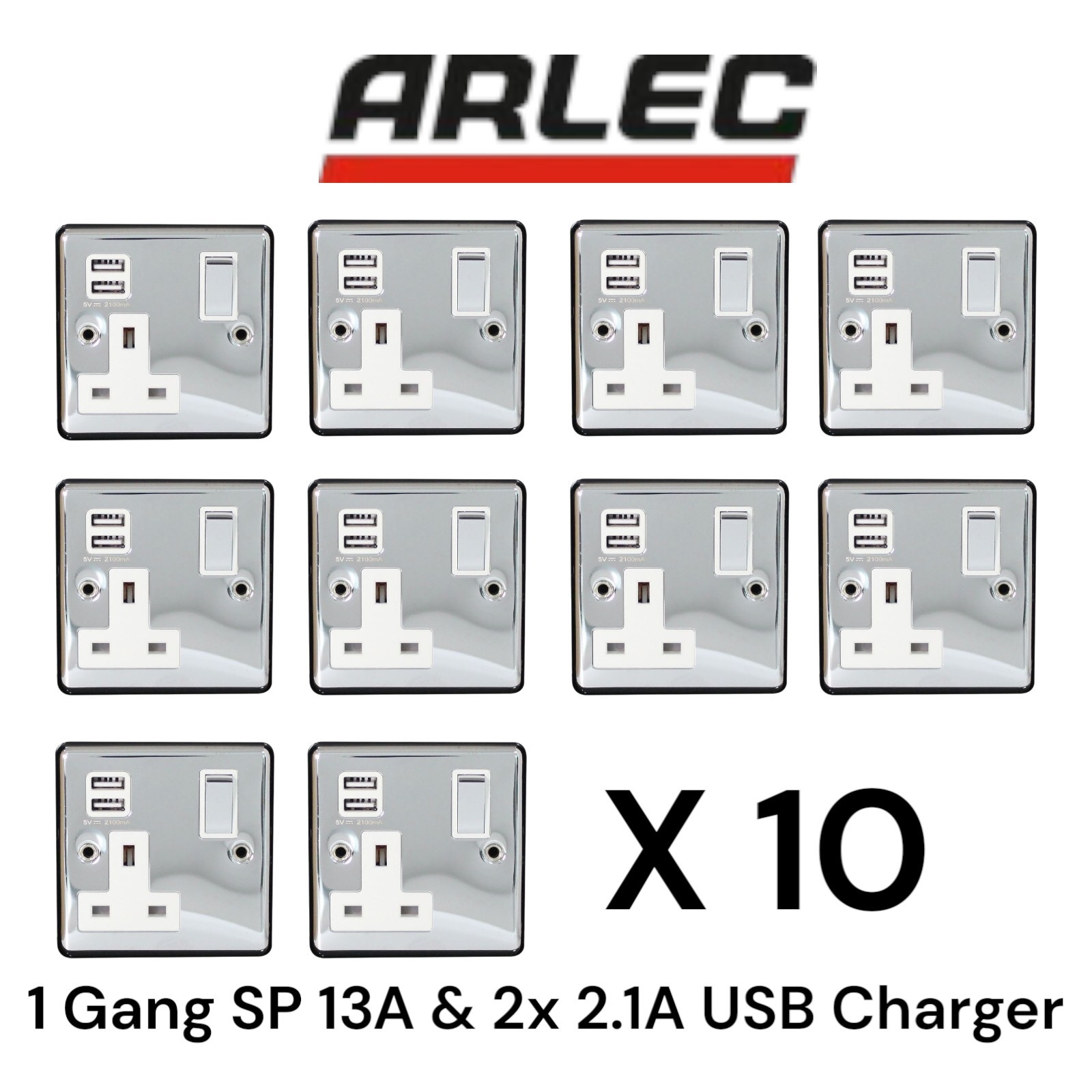 10x ARLEC 1 Gang 13A Switched Socket 2xUSB Outlets Polished Chrome White Inserts