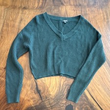 Wild Fable Green Ribbed-Knit Cropped Pullover Sweater V-Neck Long Sleeve S