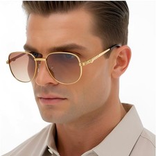 Mens Gold Trendy Sunglasses Brown Gradient Lens Retro Filigree Metal Frame 2026