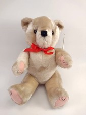 Vintage 12" Teddy Bear Red Bow Posable Soft Cuddly Stuffed Animal Beige Plush