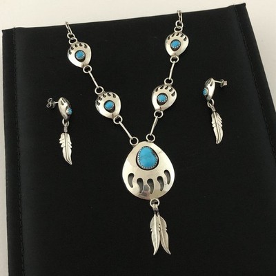 Amerikanische Ureinwohner Sterlingsilber Navajo Bärentatze Türkis Halskette Ohrringe Set