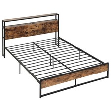 Industrial Platform Bed Frame with Charging Station Storage Headboard Queen Size