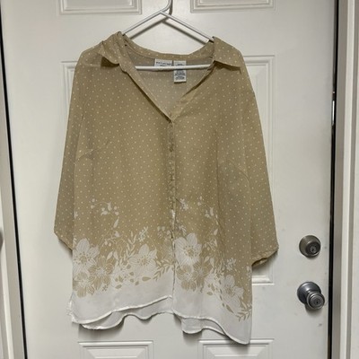 White Stag Shirt Women s 3X ( 22W/24W) Tan+White Button Up floral 3/4 Sleeve Top