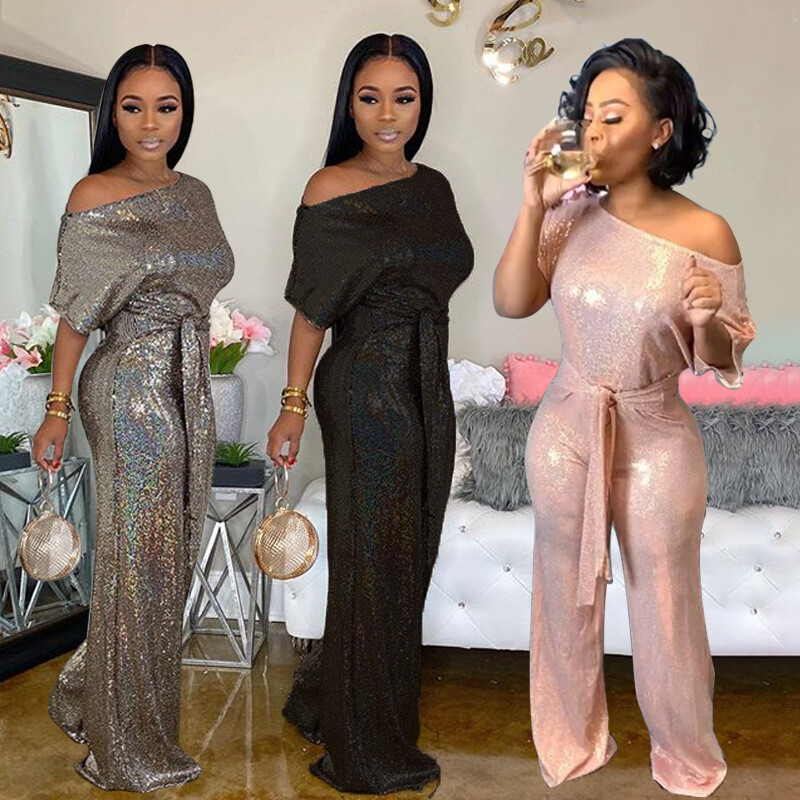Women's Sequin Glitter Off Shoulder Jumpsuit Wide Leg Party Clubwear Evening Women's Sequin Glitter Off Shoulder Jumpsuit Wide Leg Party Clubwear Evening