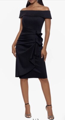 NWT XSCAPE Sz 6 Ruffle Off the Shoulder Scuba Cocktail Dress In Black | eBay