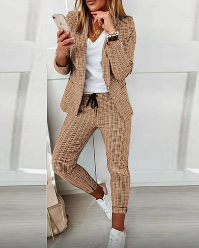 Conjunto de traje para mujer elegante trabajo de negocios 2 piezas trajes frente abierto blazer y pantalones - Imagen 9 de 14