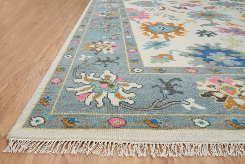 Modern Oushak Rug 8x10, White Blue Area Rug, Modern Colorful Turkish