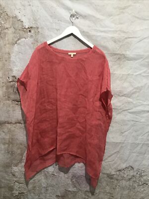 EILEEN FISHER XL Pink Strip LINEN Crew Neck Boxy Sheer Costal Grandma 100% Linen