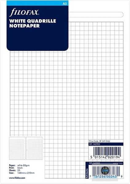 Filofax A5 size White Quadrille (Squared) Notepaper Refill Insert 342905