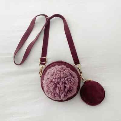 TSD12 Suede Leather Pompom Circle Crossbody Bag in Maroon Retail $373