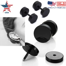 Pair Black Stud Earrings Unisex Faux Gauges Ear Tunnel Stainless Steel Earrings