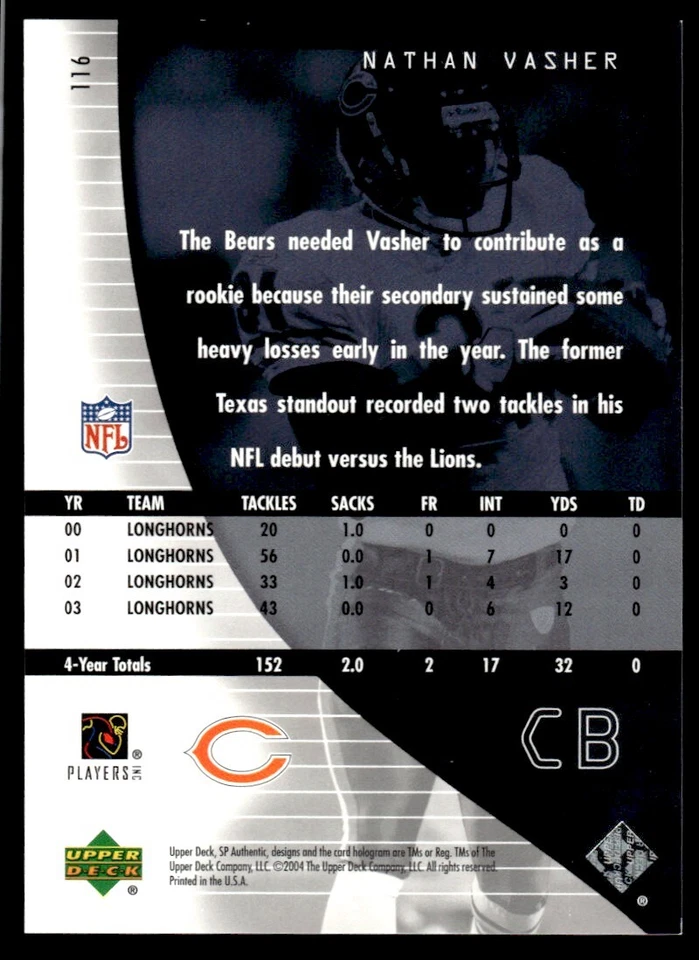 2004 SP Authentic Nathan Vasher Rookie 0212/1199 Chicago Bears #116 R81 - Image 2 of 2