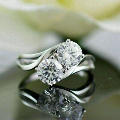 Lab Created 2.00Ct White Sapphire Two Stone Engagement Ring 925 Silver Size 7.5
