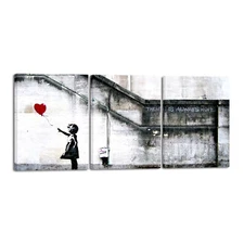 3 Piece Banksy Grafitti Girl with Red Balloon Modern Stretched Canvas Wall Art