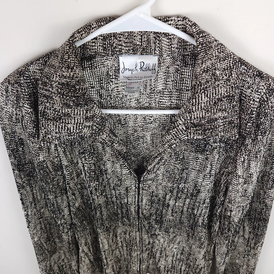 Chaqueta Joseph Ribkoff Para Mujer 12 Negra Beige Cremallera Completa Cuentas Cuello Chaleco Foto 3 de 4