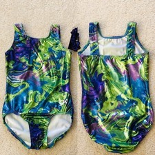 NWT GK Elite Green Purple Blue Oil Slick Gymnastics Leotard Child Large CL 8-10