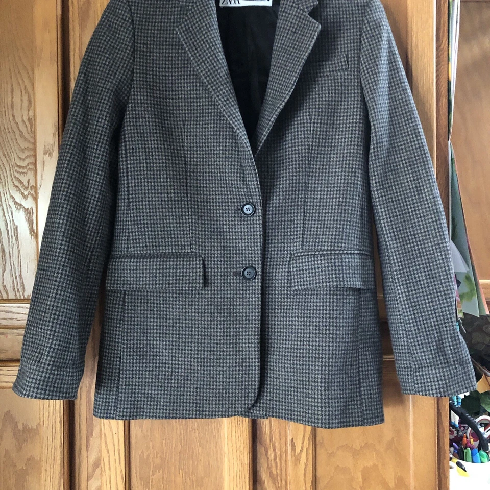 ZARA凹槽领粗花呢羊毛混纺2扣西装外套带肘贴XS — 第 3/4 张图片