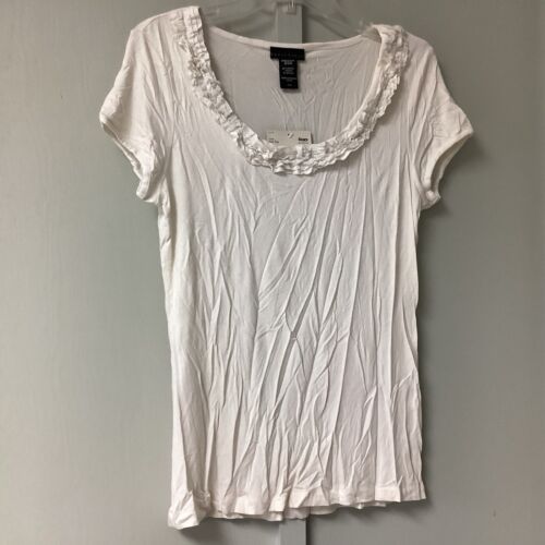 Apostrophe Stretch Women Size Large Ivory Ruffle Scoop Short Sleeve Viscose New