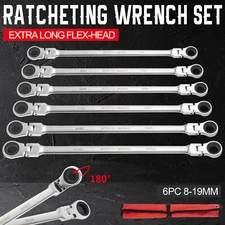 Extra Long Flex Head Ratcheting Wrench set 6PC Double Box End Metric 8-19 Pouch