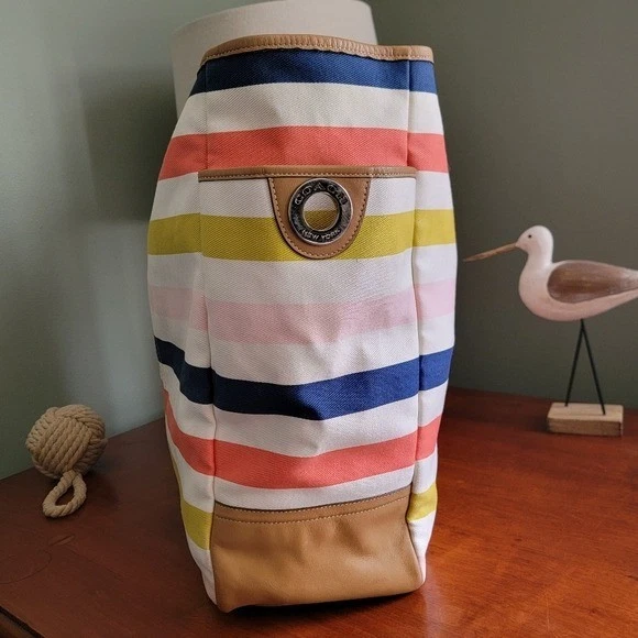 Coach F28523 Hadley Multicolor Canvas Stripe Tan Leather Tote Bag Purse - Image 2 of 4