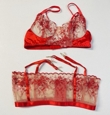 Empress Mimi Women's Medium Lingerie Lacy Mesh Bralette Garter Red Sheer