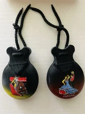 Vintage Spanish Castanets hand-painted, wooden bullfighting, flamenco 2.5x3.5 in
