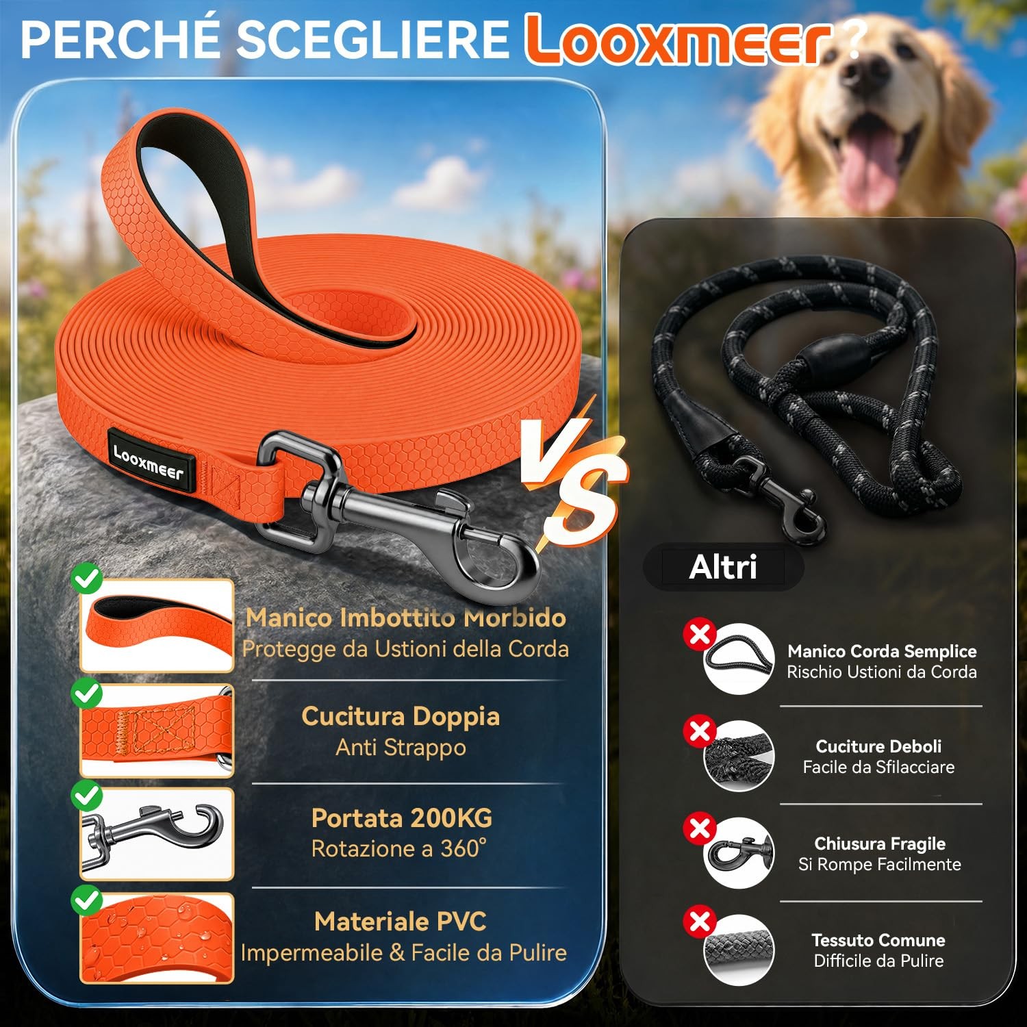 Guinzaglio Addestramento per Cani 3 m Arancione Fluo Accessori Educativi PVC foto 2