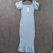 Baltic Born Dress Womens Small Blue Smocked Midi Bodycon Puff Sleeve Ruffle Hem