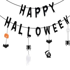 Happy Halloween Banner Black Garland Hanging Ghost Bat Spider Charm Bunting Deco