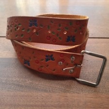 Vintage 70s Painted Tooled Brown Leather Belt Butterflies Flowers 38"