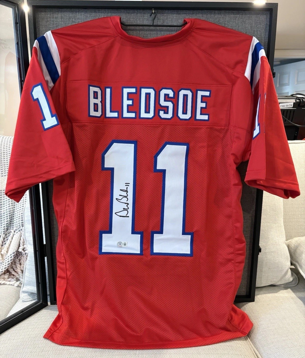 Drew Bledsoe Autographed Signed New England Patriots Red Patriots Jersey Beckett Authenticated 