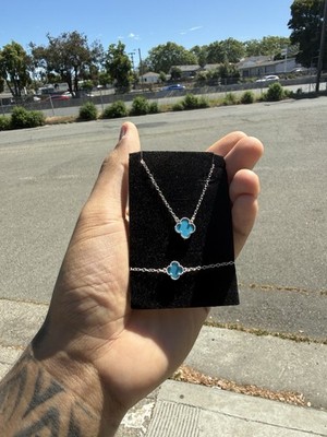 LIGHT BLUE CLOVER NECKLACE AND BRACELET IN 925 SILVER