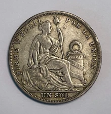 1923 to 1935 Peru Un Sol .50 Silver Coin, 25.0 gms, 50% Silver, 0.4019 oz ASW