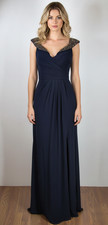 XSCAPE Off the Shoulder Beaded Gown, Navy Blue, Womens Size 2