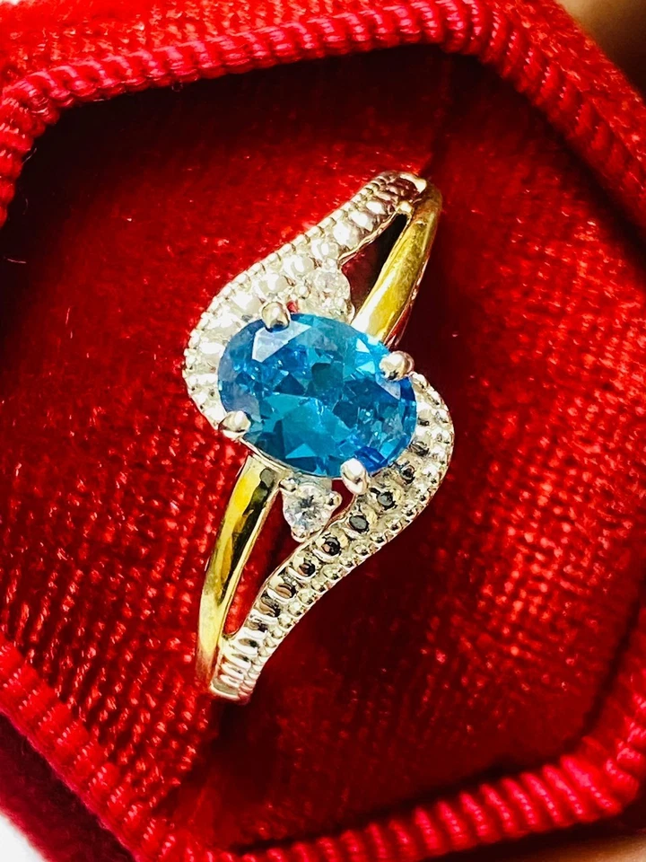 Anillo de plata 925 oro 10K topacio azul piedra de nacimiento diciembre en plata de ley Foto 2 de 4