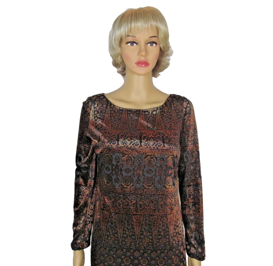 Vestido midi MAGGIE LONDON talla 6 Burnout negro/naranja forrado de terciopelo mangas largas Foto 2 de 4